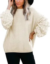 Damska koszulka damska damska puff długości rękawów swetry krawędzi Crewneck Chunky Oversizezed Fall Casual Pullover Tops