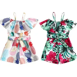 Rompers 27y Summer Fashion Kid Girls Casuary Playsuit Spaghetti Straps Leaf Flower Pineaple Print RufflesショートジャンプスーツとベルトJ220922