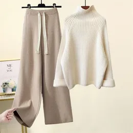 Kadınlar İki Parçalı Pantolon Sonbahar Kış Kadın Örme Set Belktlenek Uzun Kollu Katı Külot Kazak Günlük Geniş Bacak Pantolon Dış Giyim Takip 2 PCS Set 221007