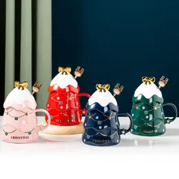 500 ml weihnachtliche Keramikbecher, kreative Kaffeetasse mit Deckel und Löffel, Weihnachtsgeschenk für Kinder