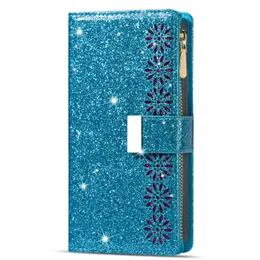 Plånbokstelefonfodral för iPhone 14 13 12 11 Pro Max XR XS X 7 8 Plus - Starry Laser Shiny Glitter Pu Leather Flip Kickstand Cover Case With Zipper Coin Purse