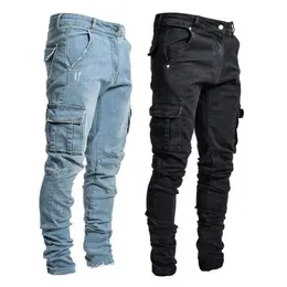 Mens Jeans Yaz Men Men Kot Hassas Renk Çok Cepleri Denim Orta Bel Skinny Jeans Artı Boyut Fahsion Pantolon Günlük Giyim 221008