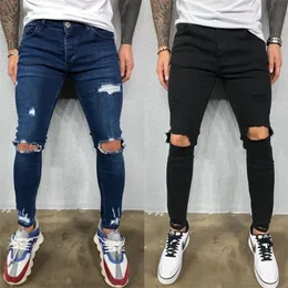 Mens Jeans män jeans knähål rippad stretch mager denim byxor fast färg svart blå höst sommar hiphop stil smal passform byxor s4xl 221008