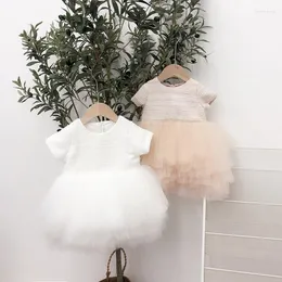 Girl Dresses Baby Dress Korean Fashion Quality Pompon Princess Short Sleeve Mesh Splicing Kids Clothing 1 2 3 4 5 6 Years