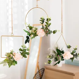装飾的な花幾何学的金属ワイヤーラウンドトライアングルスクエアフープフレームDIY人工花のアレンジメントリースウォールハンギングバックドロップ