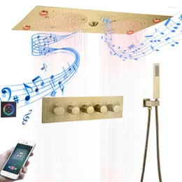 Badrumsduschupps￤ttningar borstade guld termostatiska huvudupps￤ttningar 620 320mm LED med musikfunktioner inb￤ddade takbad