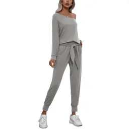 Pantaloni a due pezzi da donna Hirigin 2 pezzi Tute da donna Tinta unita Spalla spiovente Senza spalline Maniche lunghe Top con vita elastica legata