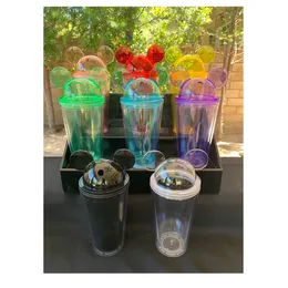 8 Colors 16oz Mouse Ear Tumbler with Straw Clear Plastic Acrylic Tumbler Dome Lid for Kids Children Parties Double Walled Cute Cartoon Water Bottles Travel Mug