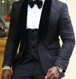 Black Jacquard Tuxedos Velvet Shawl Lapel Groomsmen Wedding Dress Excellent Man Jacket Blazer 3 Piece Suit