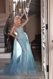 반짝이는 밝은 파란색 오버 스커트 이브닝 드레스 구슬 스팽글 댄스 파티 드레스 분리 가능한 기차 환상 대회 파티 드레스
