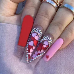 False Nails 24Pcs Long Red Pink Heart Design Coffin Wearable French Ballerina Fake Full Cover Nail Tips Press On