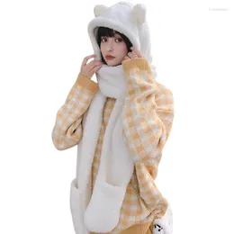 Berretti Inverno Donna Novità Caps Warm Cute Bear Ear Hat Casual Peluche Sciarpa Guanti Set Solid Fleece AZXS1
