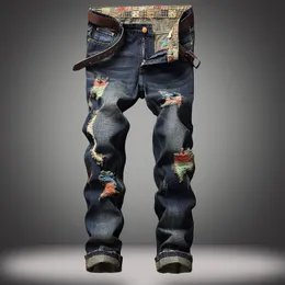 Мужские джинсы evjsuse Street Personality Printed Jeans Men Straight Hole Men's Bunders Руководство по износу Retro Blue 221008