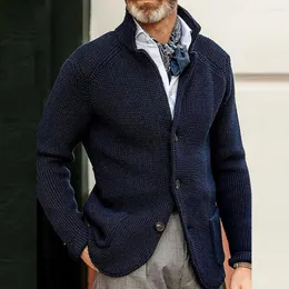 Trench de trincheira casacos masculinos colar de colarinho sólido cor de peito único de suéter de suéter de suéter quente Cardigã casual de manga longa para