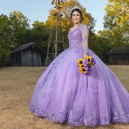 Purple Quinceanera Dresses For Sweet 16 Dress Ball Gowns Beads Appliques Long Sleeve Graduation Prom Gown Vestidos De 15 Anos