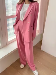 Women's Suits Blazers Korean Fashion Autumn Women Pink Blazer Office Suit Double Breated Suit Jackets Casual Pantsuit Female Outerwear Chic Tops 2 PCS 221008