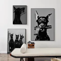 흑백 럭셔리 자동차 Doberman 캔버스 회화 포스터 및 인쇄 북유럽 벽 예술 그림 현대 홈 거실 장식