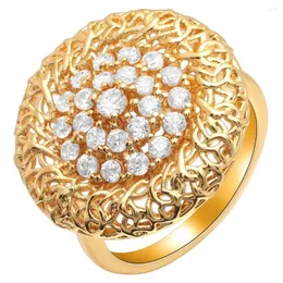 Wedding Rings UFOORO Amazing Gold Flower Hollow Round Wreath Ring Pave Clear Zircons Crystal Beautiful Engagement For Women Gift
