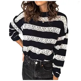 Women's Sweaters 2022 Lace Patchwork Cutout Shirts Top Women Hollow Blouses Ruffles Elegant Long Sleeve O-Neck Flower Black Brown