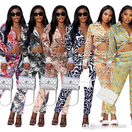 Autumn Women 2 Piece Pants Set Corruged Printed Long Sleeved Shirt and Trousers Passar Lady Casual Matching Suits