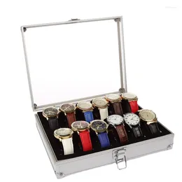 Titta på lådor Luxury Box Aluminium Suitcase Case Metal Organizer 12 Slots Men Personlig Silver Display Smyckesgåva