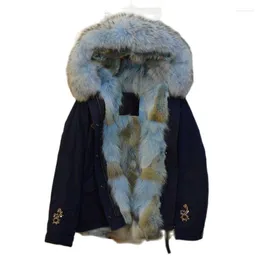 Women's Fur Skyblue Coyote For Ladies Winter Wear Navy Beads Parka With Real Lined Down Coat