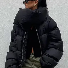 Womens Down Parkas 겨울 스카프 칼라 자켓 솔리드 두꺼운 따뜻한 느슨한 버블 코튼 코트 여성 블랙 퍼퍼 캐주얼 아웃웨어 221008