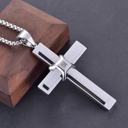 Large Cool Stainless Steel CZ 3D Cross Pendant Necklace For Mens Fashion Rolo Chain 3mm 24inch XMAS Gifts