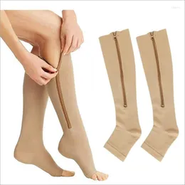 Spor çorapları Unisex Spor Sıkıştırma Uzun Burnu açık Artı Boyutu Diz Yüksek Çorap Fermuarlı Basınç Dolaşımı Iç Çamaşırı