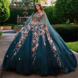 Gorgeous Beaded Ball Gown Quinceanera Dresses With Cape Appliqued Jewel Neckline Sequined Prom Gowns Tulle Sweep Train Sweet 15 Masquerade Dress 415