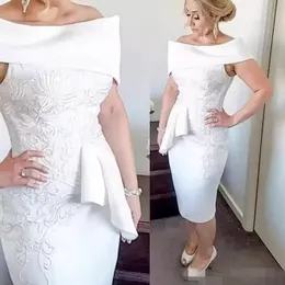 Mother Elegant White of Bridal Dresses Sheath Bateau Off the Shoulder Satin Tea Length Lace Applique Plus Size Wedding Guest Party