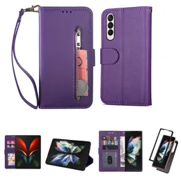 Samsung Galaxy Z Fold4 Fold3 용 지갑 전화 케이스 -Calfskin Texture PU 가죽 플립 킥 스탠드 커버 케이스가있는 지퍼 코인 지갑 및 카드 슬롯이 있습니다.