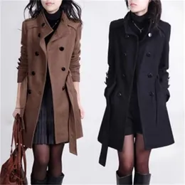 Women's Wool Blends winter wool coat with belt women ladies autumn Slim long sleeve woolen coats chic overcoat 221010