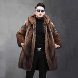 Cappotto lungo in pelliccia sintetica da uomo, giacca invernale con cappuccio in visone caldo, giacca a vento casual allentata L220927