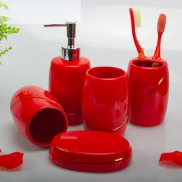 Banyo Aksesuar Seti Kırmızı Düğün Seramik Banyo Aksesuarları Malzemeler Kit Tuvalet Yıkama Sabunu Dispenser Diş Fırçası Tutucu Ağız Garde