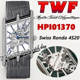 TWF TW01370 Swiss Ronda 4S20 Quartz Mens Watch Montre Asymetrique Diamonds Case Skeleton Dial StickマーカーグレーレザーストラップスーパーエディションEterenty Watches