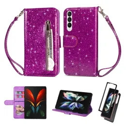 Wallet Phone Cases for Samsung Galaxy Z Fold4 Fold3 - Shiny Glitter PU Leather Flip Kickstand Cover Case with Zipper Coin Purse