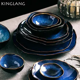 Bowls KINGLANG 1/2/4 Person Tableware Set Blue Color Ceramics Irregular Shape Dinner Dishes Plate