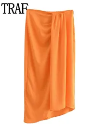 Kjolar traf 2022 kobieta spodnice plisowana wysokiej talii dlugie spodnice kobiety szczelina pomaranczowy spodnica trzy czwarte letnia su