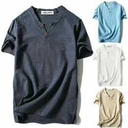 Yaz Erkekler Sıradan Baggy Kısa Kollu İnce Kas Pamuk Hat V Yastık Düğme-Ön T-Shirt Düz Renk Tops1276r