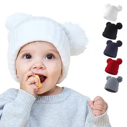 Solid Color Knitting Wool Cap with Double Fluffy Ball Soft Skin-friendly Warm Infant Hat Baby Headwear Photography Props