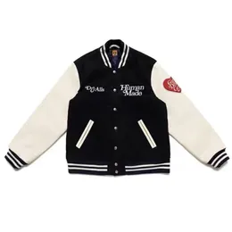 Human Made Varsity Jacket Sheep Embroidery Leather Sleeve Men's Women's Baseball Jacket w2