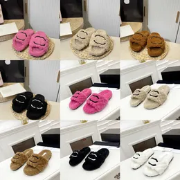 C Woman Fur Slippers double letter Flat Comfort Shearling slides embroidered warm Slide womans winter Indoor Hotel plush women slippers wool fuzzy fluff sandals