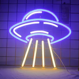 ナイトライトUFOエイリアン宇宙船LEDサインブルーイエローベッドルームアクリルネオンウォールライトサインアストロノミー愛好家学校科学博物館の装飾
