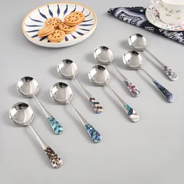 Round Head Soup Spoons Fashion Printing Pattern Short Handle Tablespoons Stainless Steel Dessert Tea Spoons Tableware RRB16157