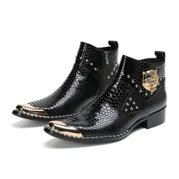 New Design Men's Boots Gold Metal Toe Black Leather Short Boots Men Zip Low Heels Patent Leather Knight