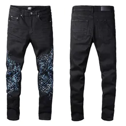 Schwarze Herrenjeans mit blauer Farbe, Denim, Skinny Slim, Biker, Moto, Hip Hop, gerades Bein, aufgesprüht, Vintage-Distress-Stretch für Jungs, Mann, Rip Fits