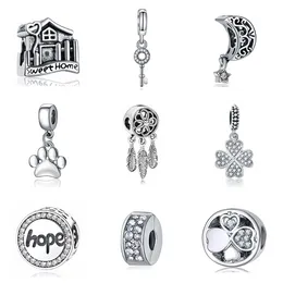 925 Sterling Silver Dangle Charm Women Beads 고품질 보석 선물 도매 홈 러브 클로버 화이트 클리어 CZ 비드 Fit Pandora 팔찌 DIY