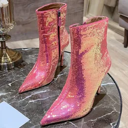 Stivaletti di design di lusso da donna formali a punta con paillettes, feste, ballo di fine anno, scarpe da sera, stivali con tacco alto da donna