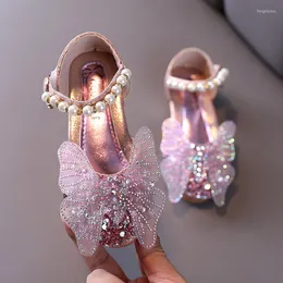 Flache Schuhe 2022 Mode Strass Schmetterling Kristall Sandale Kinder Prinzessin Für Hochzeit Party Mädchen Tanz Performance Rosa Silber